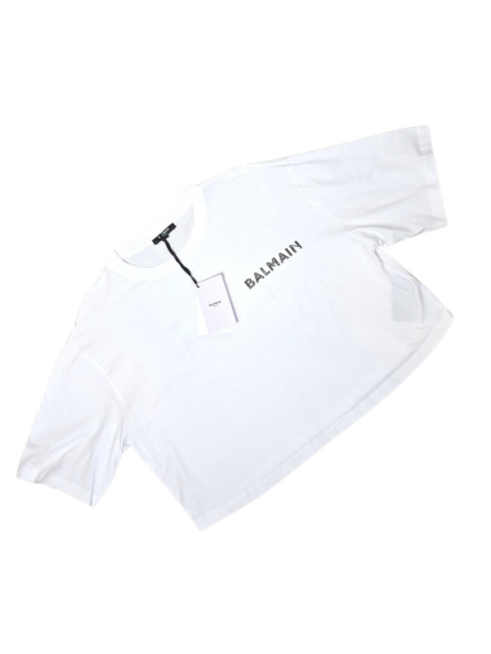 $495 BALMAIN Laminated Logo Cotton Crop T-Shirt Large - Picture 4 of 13